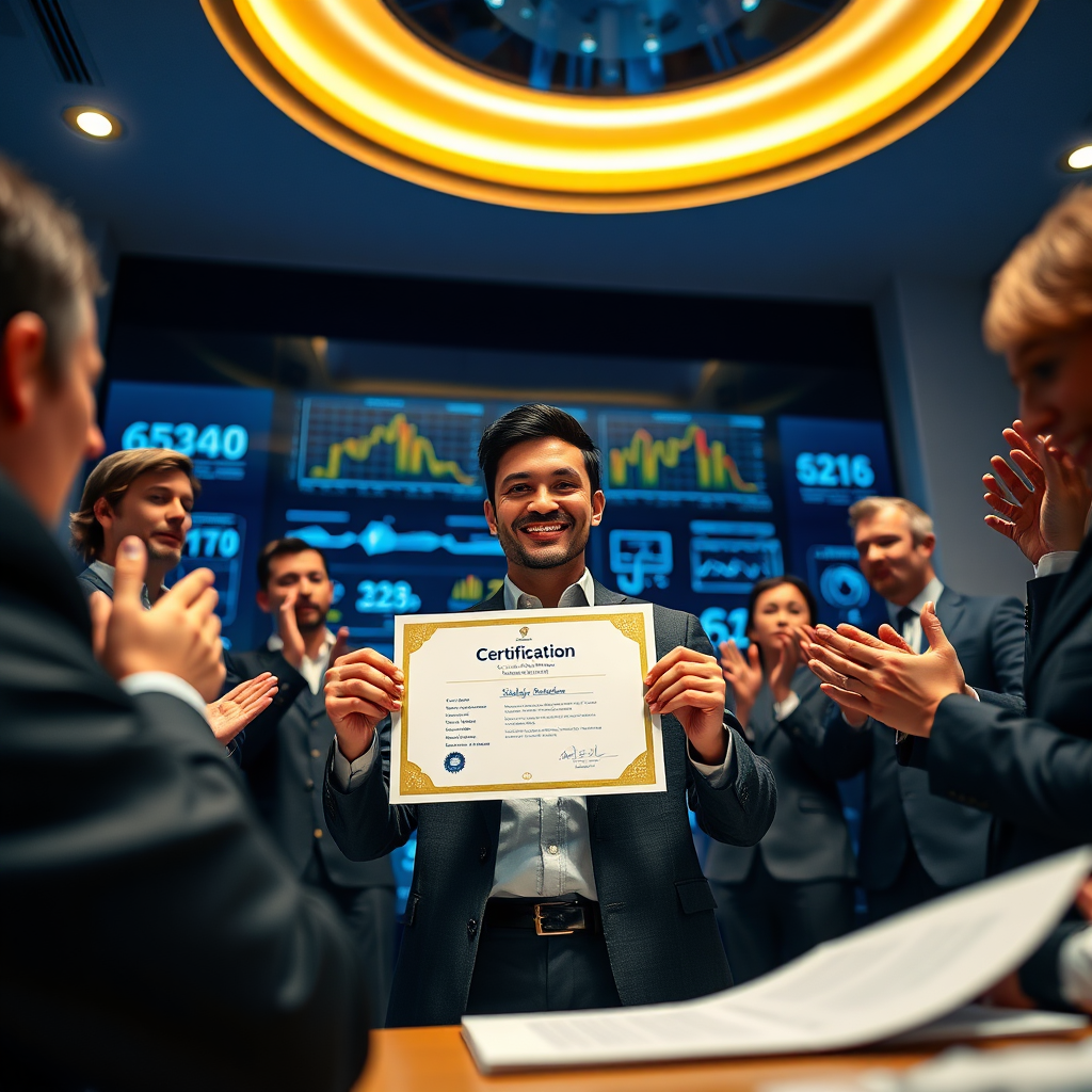 Create a photorealistic image of a professional receiving a certification in a well-lit ceremony, surrounded by colleagues applauding. The setting is sleek and modern, with a focus on the individual holding their certificate proudly. The lighting conveys a celebratory mood, with a color palette of gold accents and deep blue surroundings, symbolizing achievement. A low-angle camera angle captures the pride in the recipient's expression, while details show a backdrop of engineering charts and digital displays for context. This dynamic image aims to represent success and validation in a professional journey.