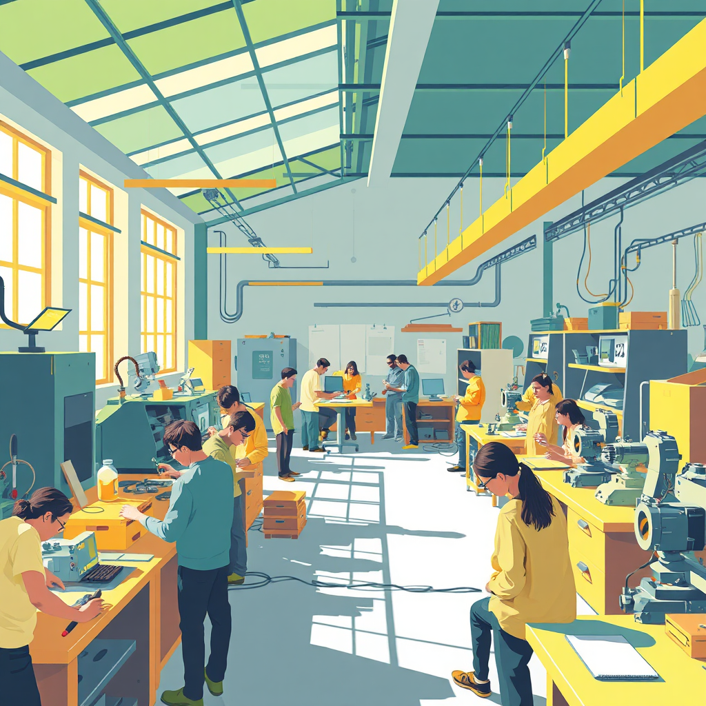Illustrate a vibrant workshop scene where participants actively engage with machinery and tools. The room is filled with natural light pouring through windows, enhancing the busy atmosphere of learning. The color palette includes bright yellows and greens, stimulating enthusiasm and creativity. A wide-angle view showcases multiple groups collaborating on projects, with close-ups of discussions and tool usage. The image evokes a sense of teamwork and innovation, designed in high quality to evoke an immersive experience in training.