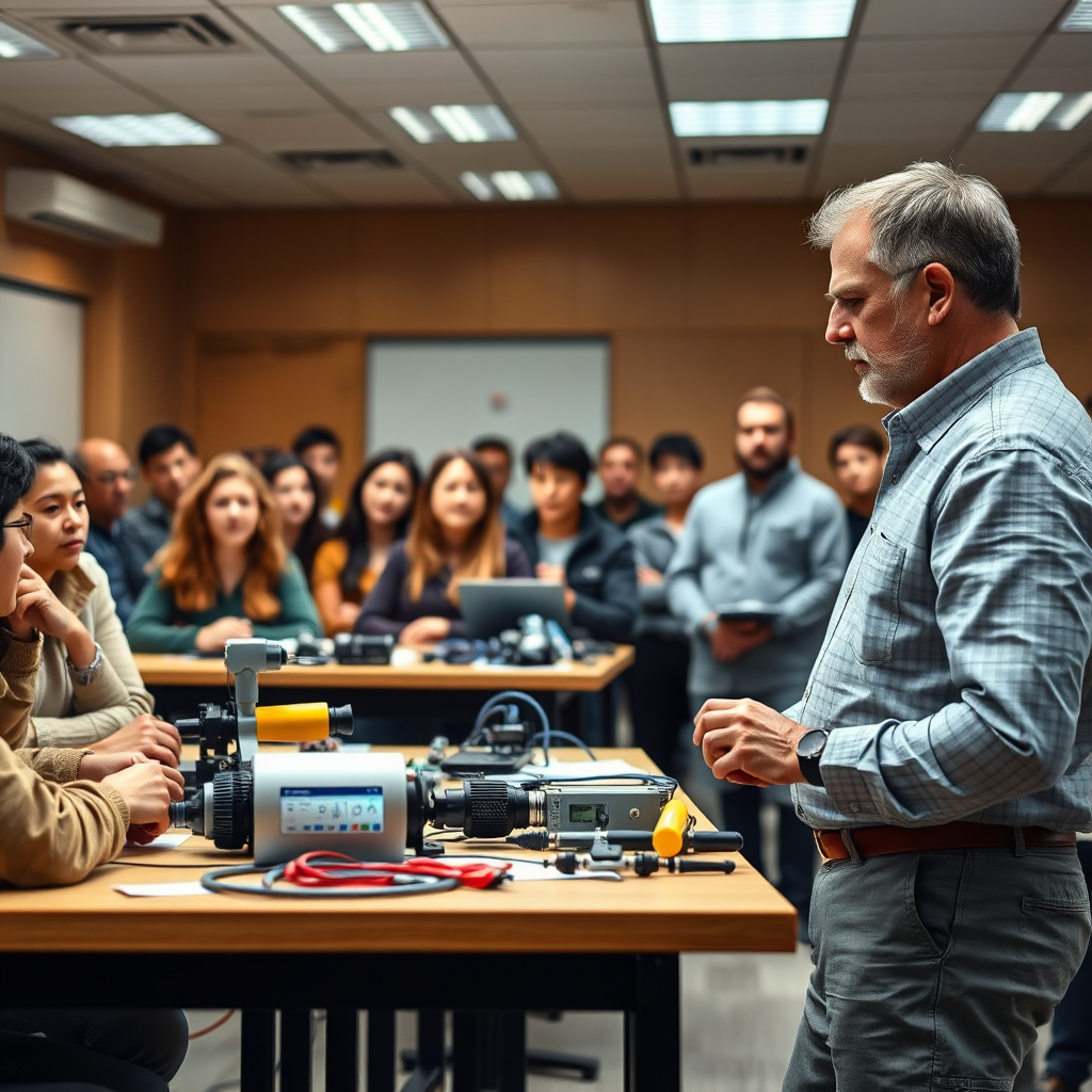 Visualize an inspiring classroom where a seasoned instructor demonstrates technical skills to a captivated audience. The environment is filled with modern equipment, featuring innovative engineering tools laid out on tables. Warm lighting highlights the engaged faces of participants, while the color palette includes earth tones complemented by modern design elements. The composition suggests a progressive training atmosphere, with close-up shots of hands-on experiences. Style references to a professional yet inviting feel, resulting in a photorealistic image that denotes growth and advancement.