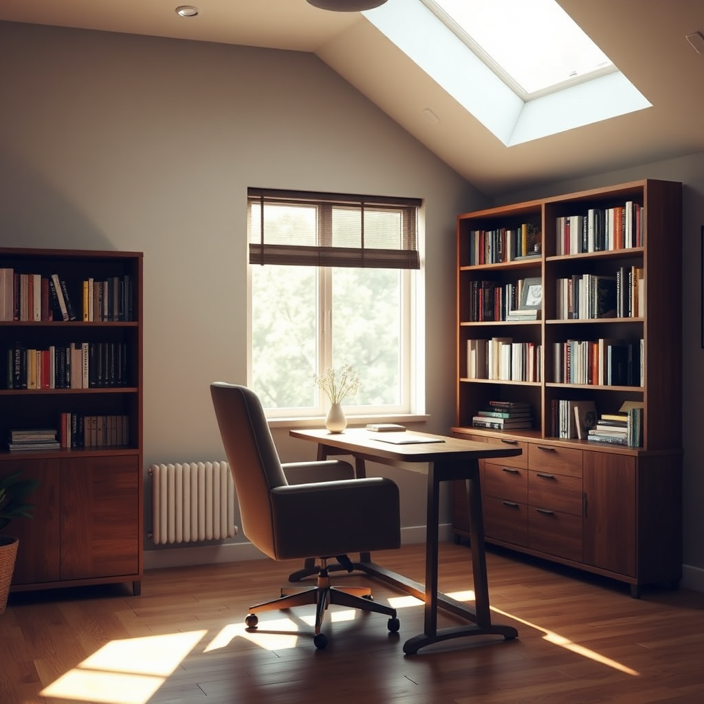 Therapist's office with soft lighting and bookshelves