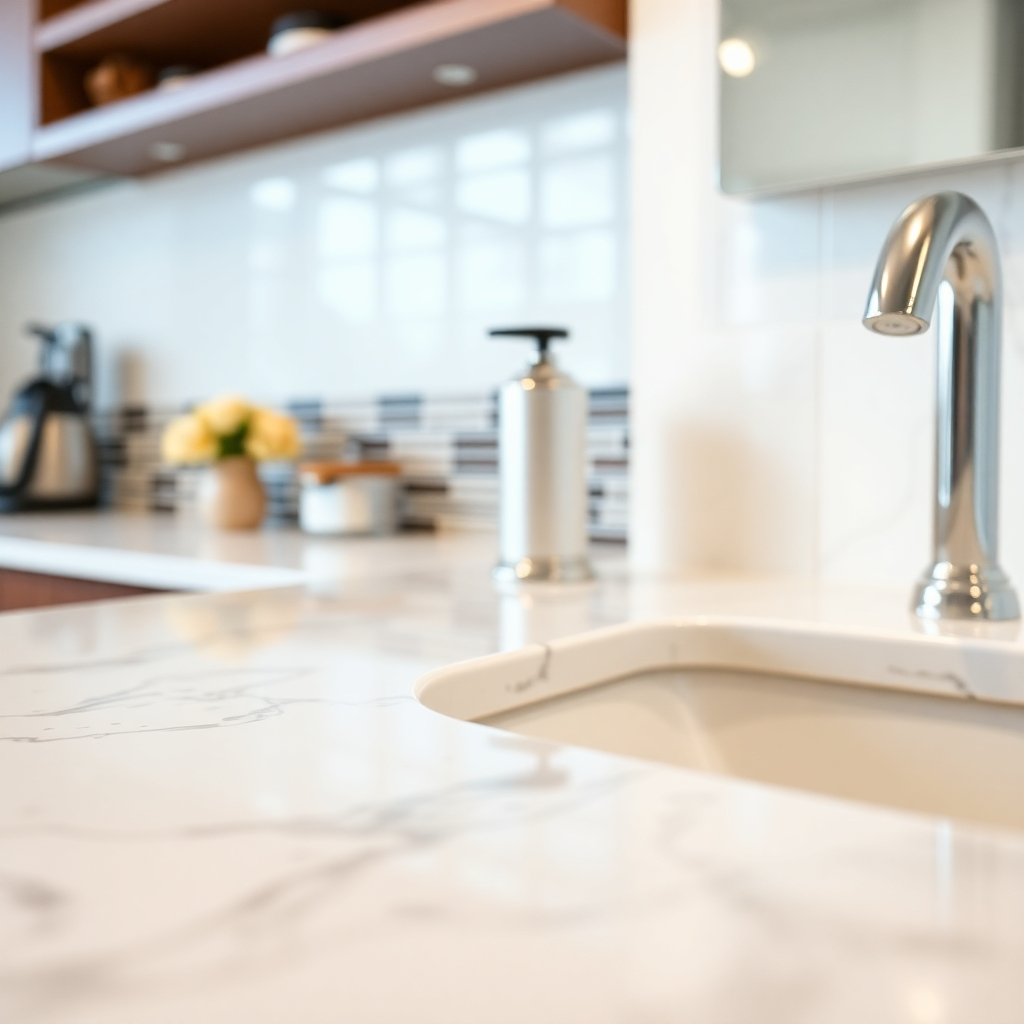 A photo highlighting the meticulous detail of professional cleaning; focus on a specific area, like a sparkling kitchen countertop or a gleaming bathroom fixture.  Emphasize textures and surfaces. Use high-key lighting to accentuate the cleanliness.  The style should be clean, crisp, and professional, showcasing immaculate results.