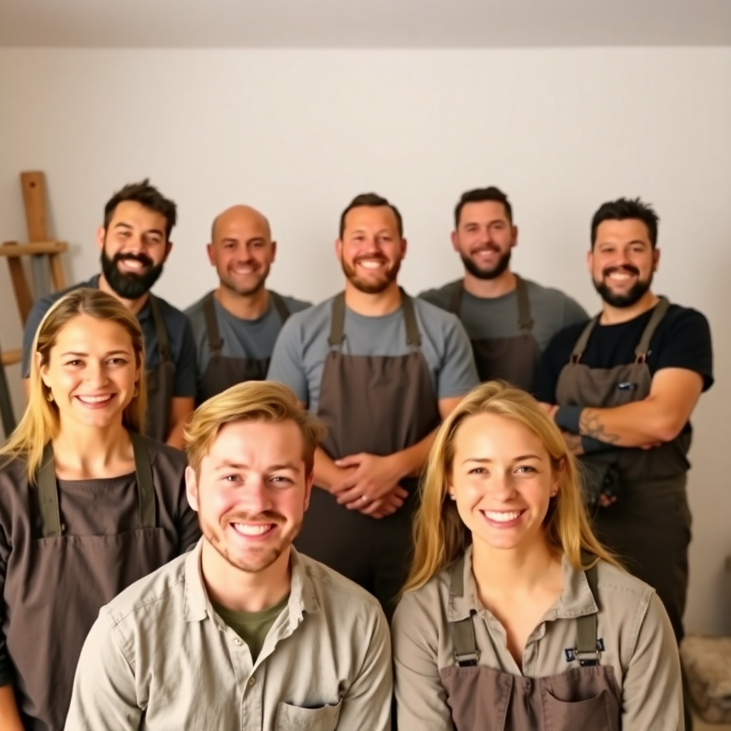 A photo of the team of painters, smiling and confident. Use warm, friendly lighting and ensure everyone looks professional. The style should be simple, showing unity and expertise.