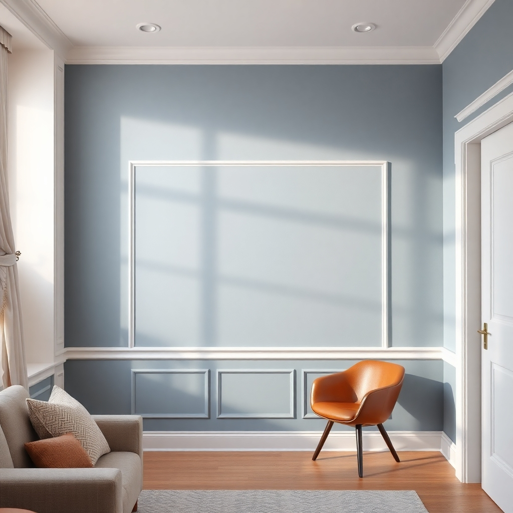 A photorealistic image showcasing beautifully painted walls in a variety of colors and styles, highlighting smooth finishes and attention to detail.  The lighting should emphasize the quality of the paint job and the overall ambiance of the room.  A mid-range shot, showing a portion of a wall and some furniture to provide context. The style should resemble high-end home interior photography.