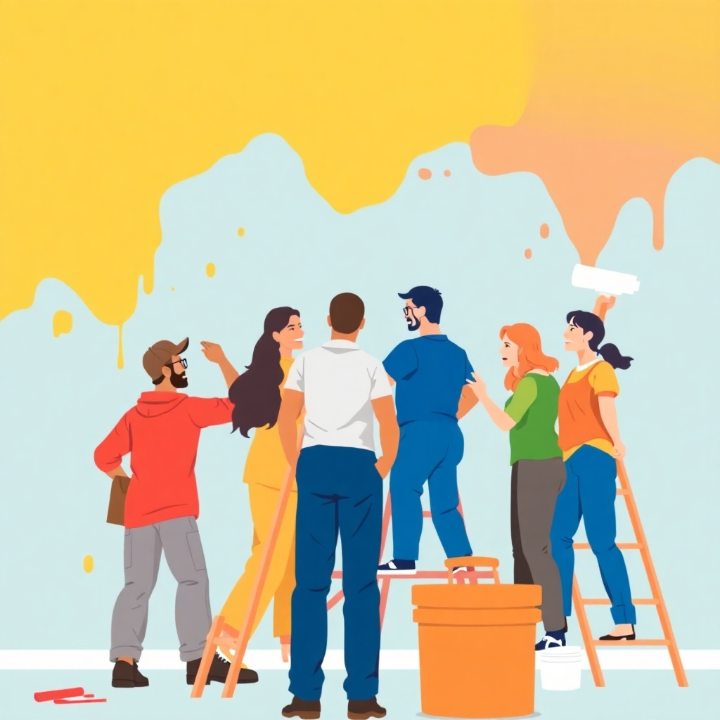 A stylized image depicting a diverse team working together on a painting and cleaning project. The focus should be on teamwork and cooperation. Include a color palette that reflects energy and synergy. The style should be inspiring and motivational.