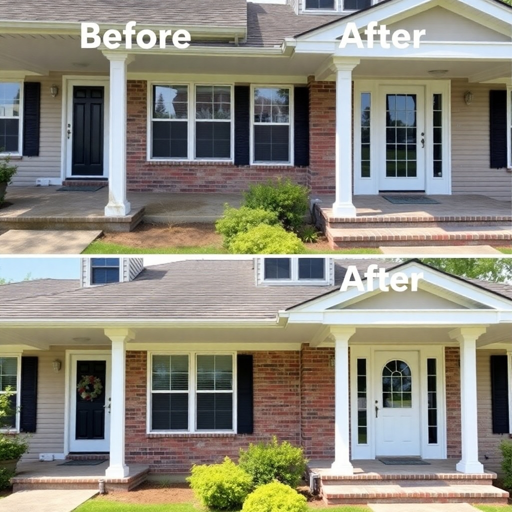 Before-and-after photos of a home's exterior, showcasing the dramatic improvement after professional cleaning.  Show the removal of dirt, grime, mildew, and any other noticeable blemishes.  Use a wide shot to fully capture the home's facade. The style should be bright, clean, and modern, highlighting the renewed curb appeal.