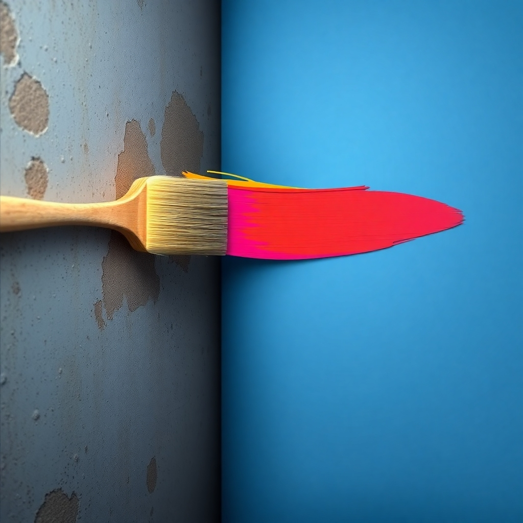 Create a stylized image, 4K resolution, representing KPC's commitment to service and quality. Imagine a paintbrush stroke transforming a dirty, dull space into a vibrant, clean area. Use a palette of bright and bold colors for the transformed space, contrasting with muted tones for the 'before' area. Employ a dynamic composition, using a high angle to emphasize the transformation. The style should evoke a sense of artistry and precision, reflecting KPC's approach to cleaning and painting.  Include subtle textures – a rough wall transitioning to a smooth, painted surface – emphasizing the transformation. The mood should be uplifting and inspiring, conveying professionalism and expertise.