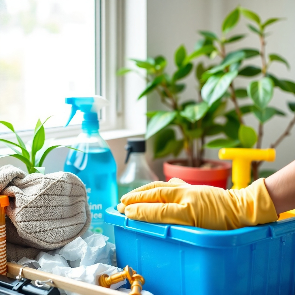 Image depicting a sustainable practice, such as the use of eco-friendly cleaning products or recycling materials. The style should convey environmental consciousness.