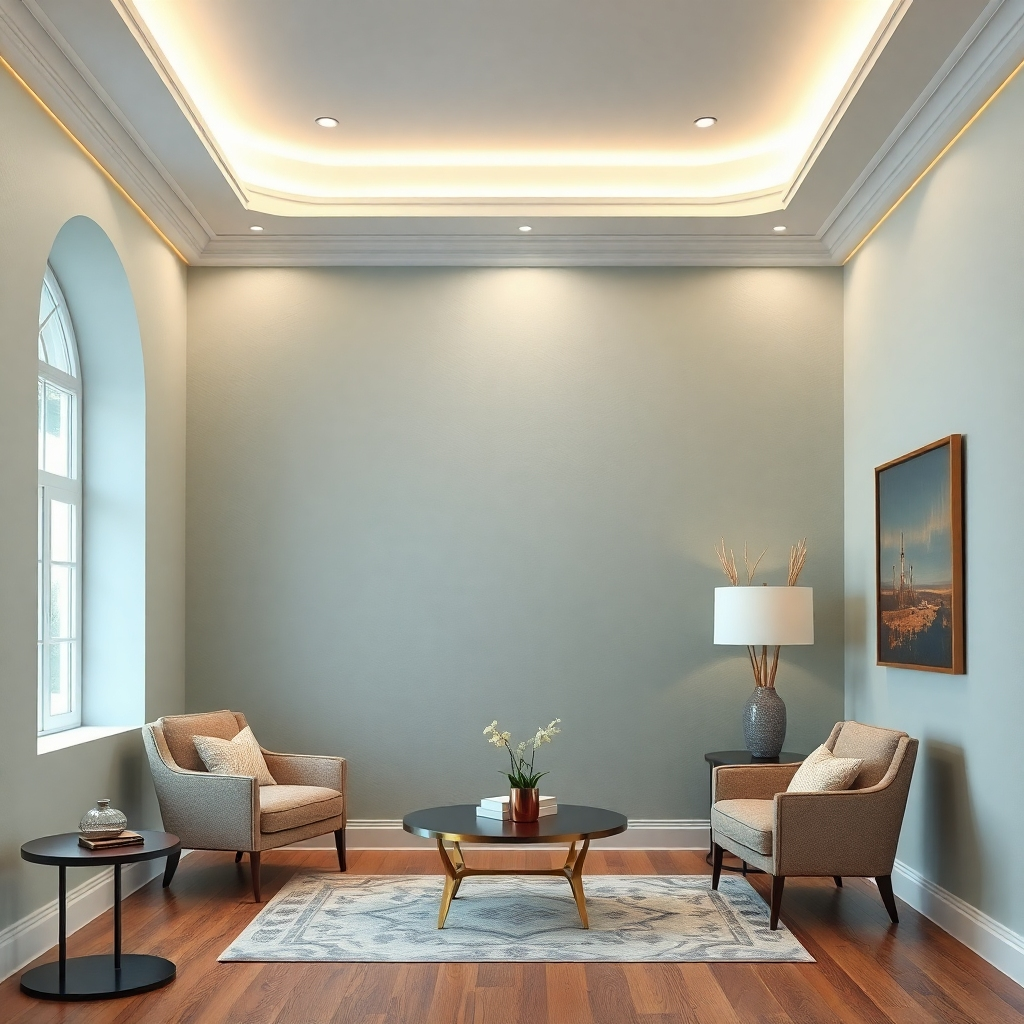 Photorealistic image of a professionally painted room with high-quality lighting, focusing on texture and detail. Show diverse color options and smooth finishes. Use a mid-range shot to showcase the quality of work. The style should resemble those used in interior design magazines, emphasizing elegance and sophistication.
