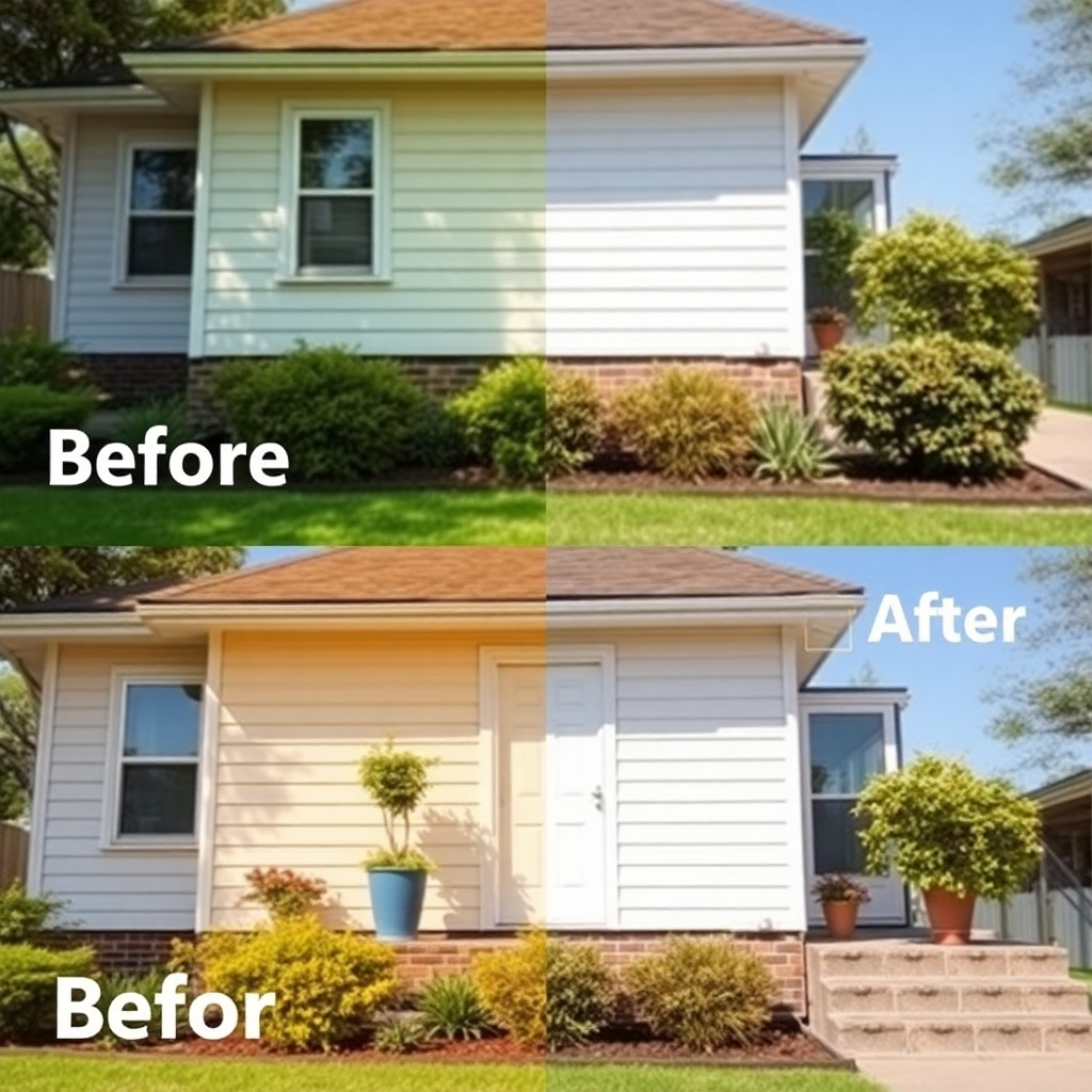 Photorealistic image showing a house before and after exterior cleaning. Use vibrant colors and high contrast to showcase the transformation. Capture the textures of various exterior surfaces. The style should be clean and modern, evoking a sense of renewal.