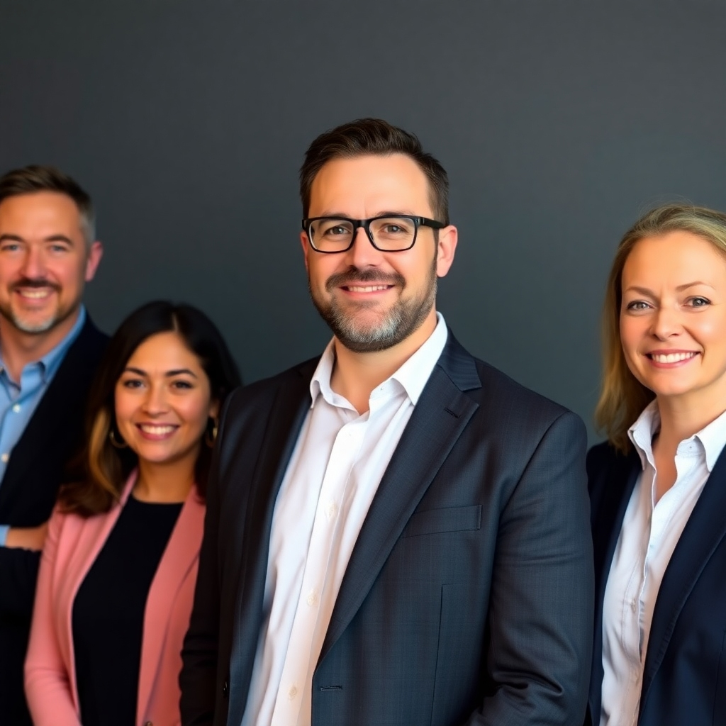 Professional photo of the management team. The background should be simple and clean. Lighting should be professional and high-quality. The style should showcase competence and professionalism.