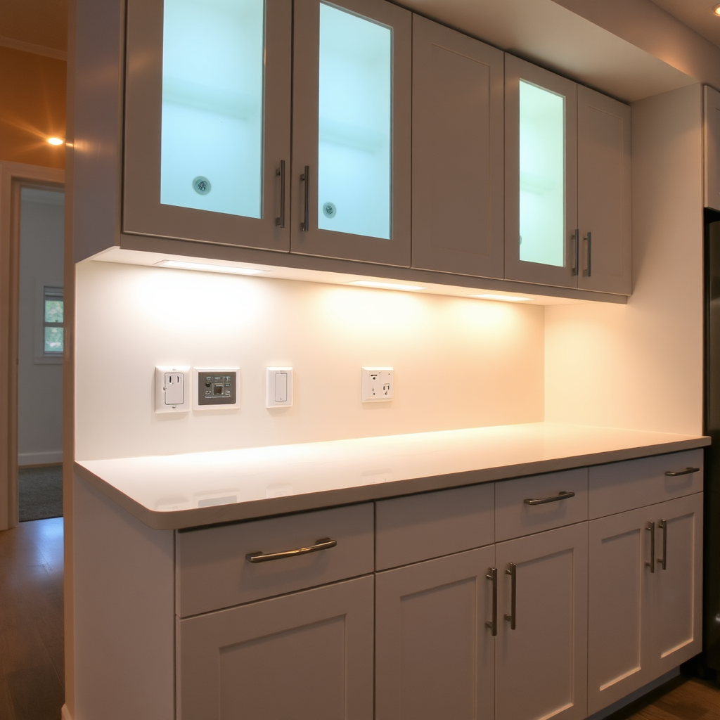 Modern kitchen with new lighting and outlets