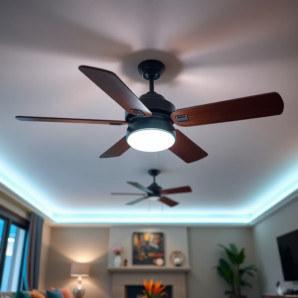 Living room with stylish new ceiling fan and light