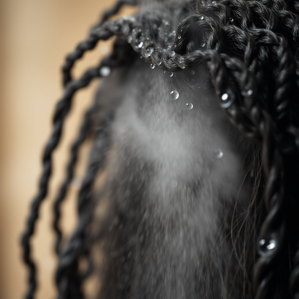 Close up of natural coily hair texture being hydrated with steam or water mist