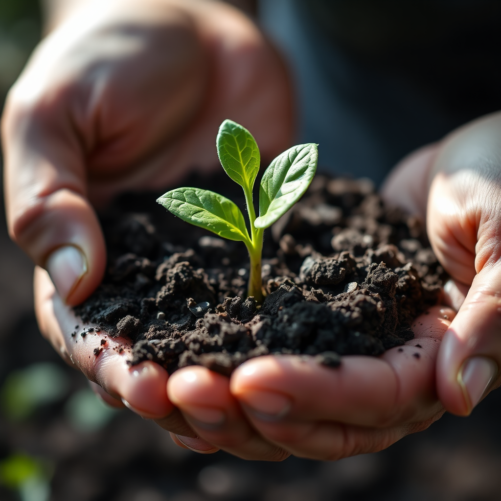 Hands nurturing a small green seedling