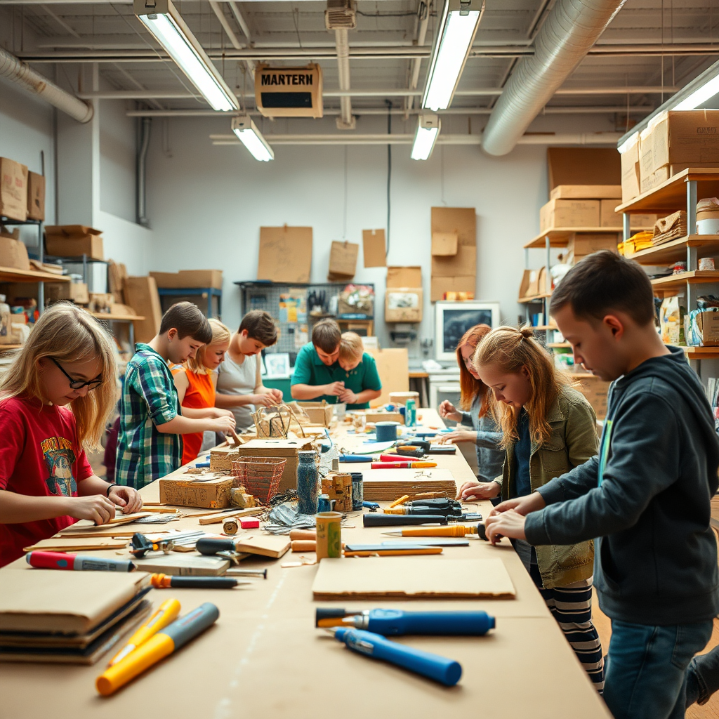 Community makerspace with cardboard projects