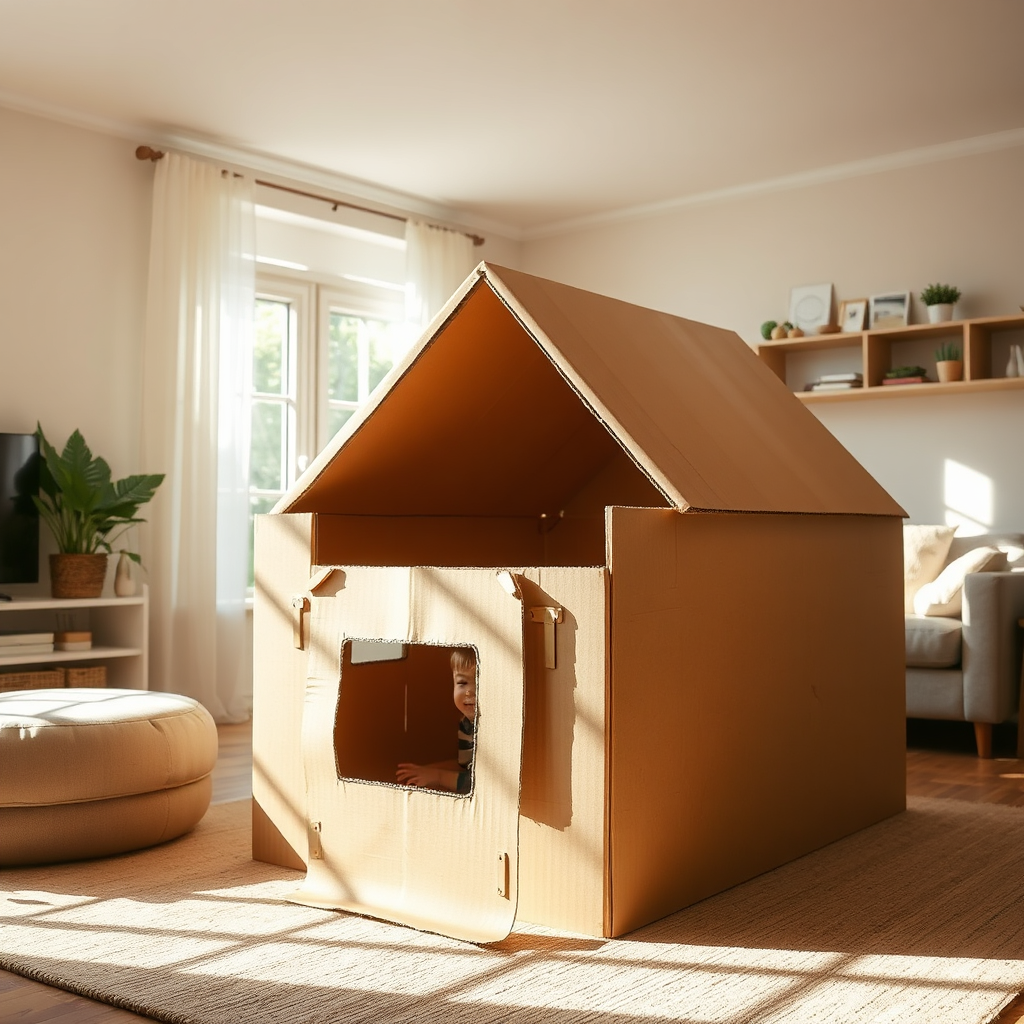 Child playing in a cardboard fort