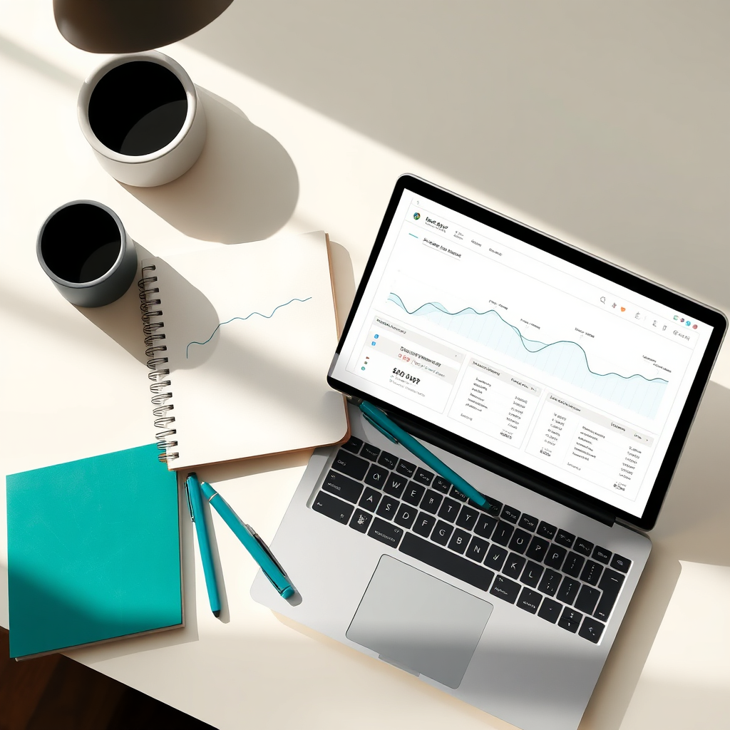Calm, minimal workspace with a notebook and analytics on a laptop