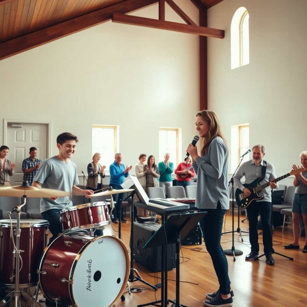 Worship team playing instruments during rehearsal