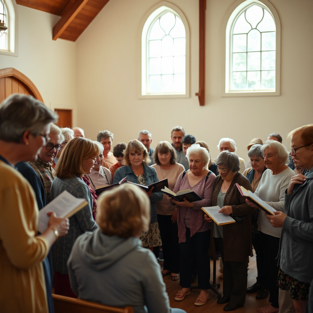 Community gathered for worship in a church hall