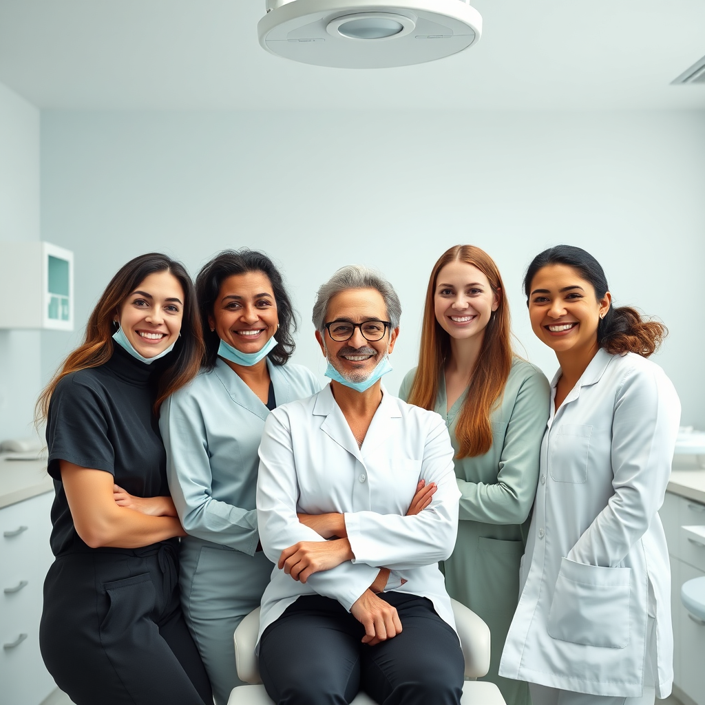 Dental team portrait with warm professional tone, modern clinic background