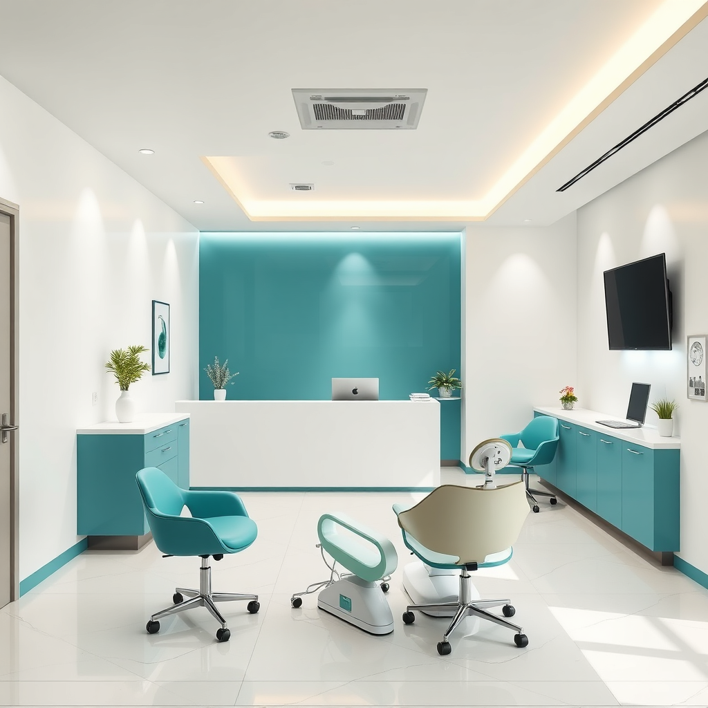 Reception area with porcelain-white and teal accents, warm lighting, modern clean design