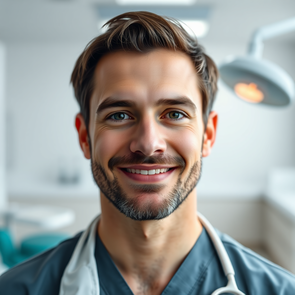 Professional portrait of a prosthodontics-focused dentist in a modern clinical setting