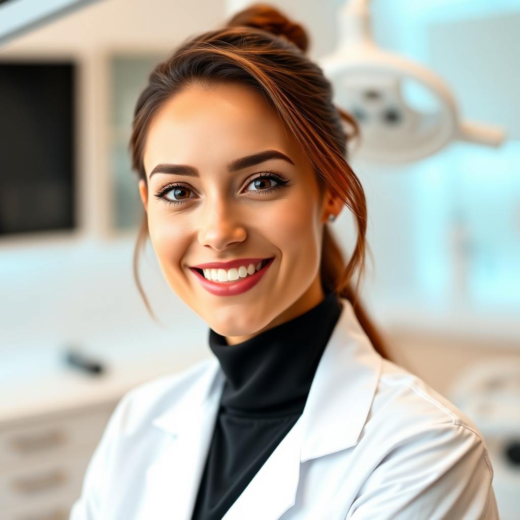 Professional portrait of a cosmetic dentist with warm clinical lighting