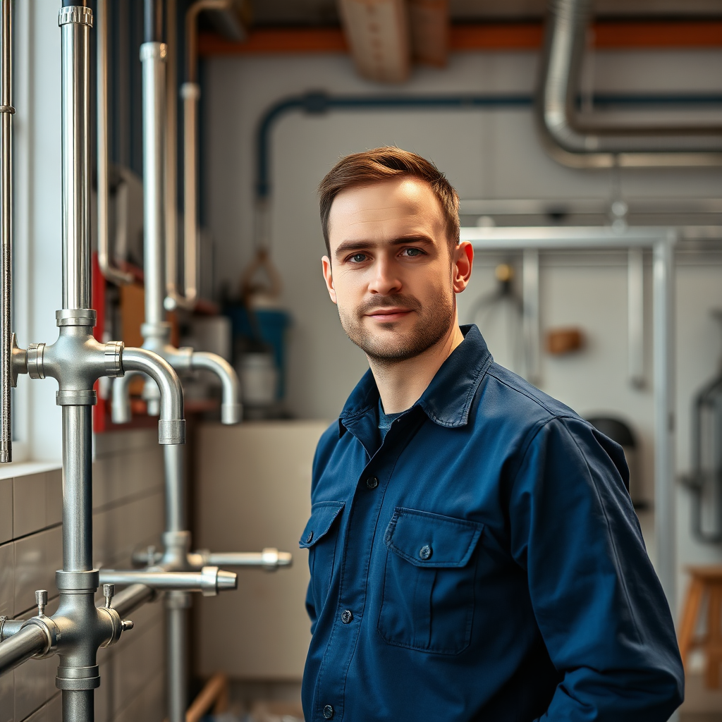 Plumber in a modern workshop