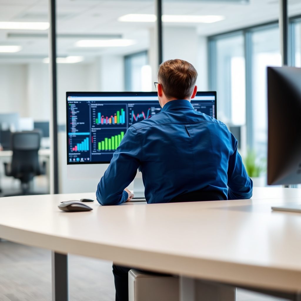 Office scene with a person analyzing charts on a monitor