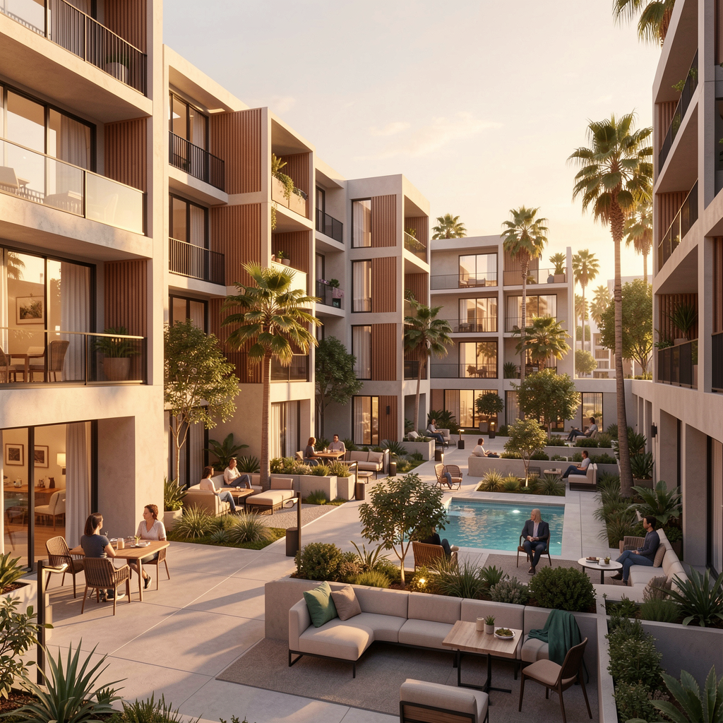 Warm, modern LA housing complex at golden hour