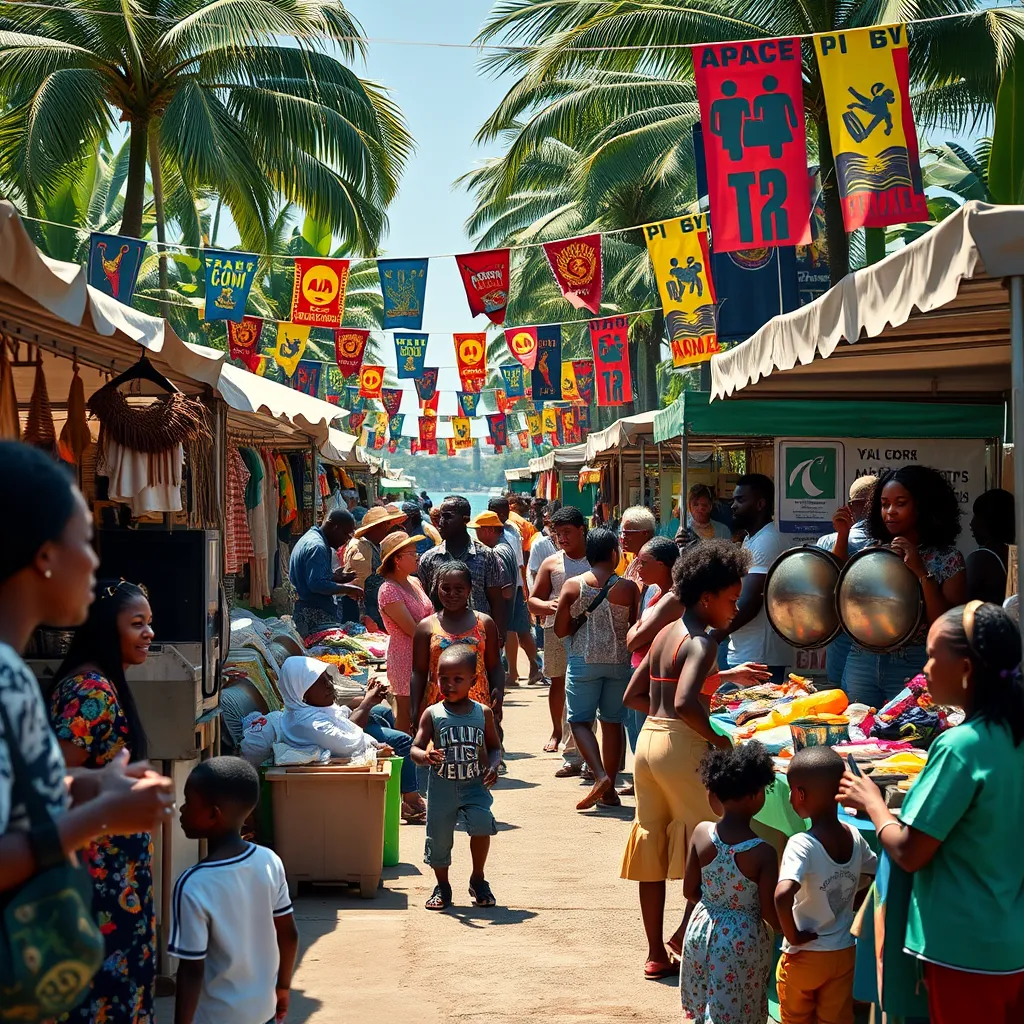A bustling artisan market featuring local crafts, food stalls with Caribbean delicacies, and an eco-friendly waste management system in action, surrounded by families and children enjoying the festivities, with colorful banners and steel pans in the background.