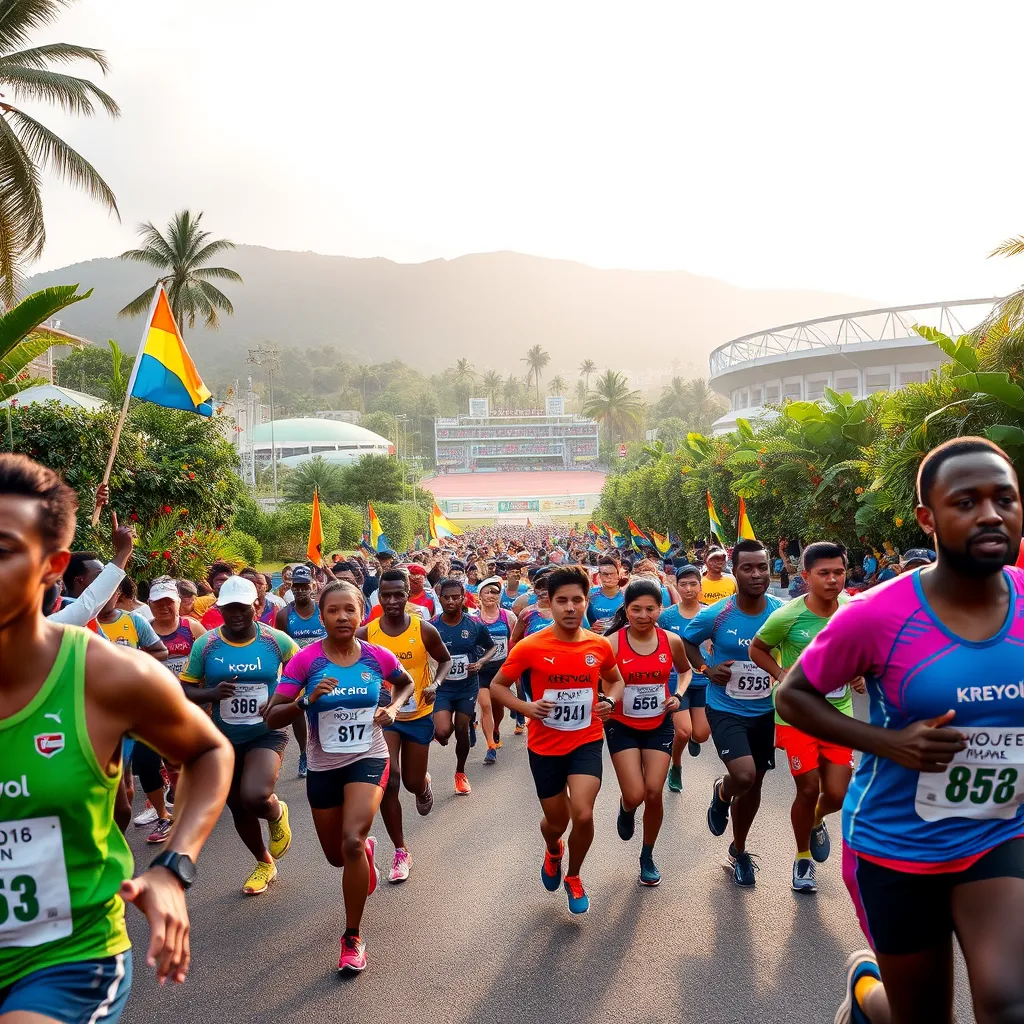 A bustling scene of the 'Kréyol Run For Health' corporate relay race in Roseau, Dominica, showing diverse teams in colorful athletic gear, each engaging in lively competition. Soft diffused lighting casts a warm glow across the scene, highlighting participants’ expressions of determination and camaraderie. The backdrop features iconic landmarks such as the beautiful Botanical Gardens and Windsor Park Stadium, flanked by lush greenery and bright tropical flowers. The atmosphere is filled with energy, as cheering spectators wave colorful flags, and volunteers encourage runners. Captured from a dynamic low angle, it conveys the excitement of the race. The vibrant color palette includes bright blues, greens, and yellows, creating a festive mood. The image should be hyperrealistic, with ultra-detailed textures of athletic wear and the natural surroundings, shot in stunning 8K resolution.