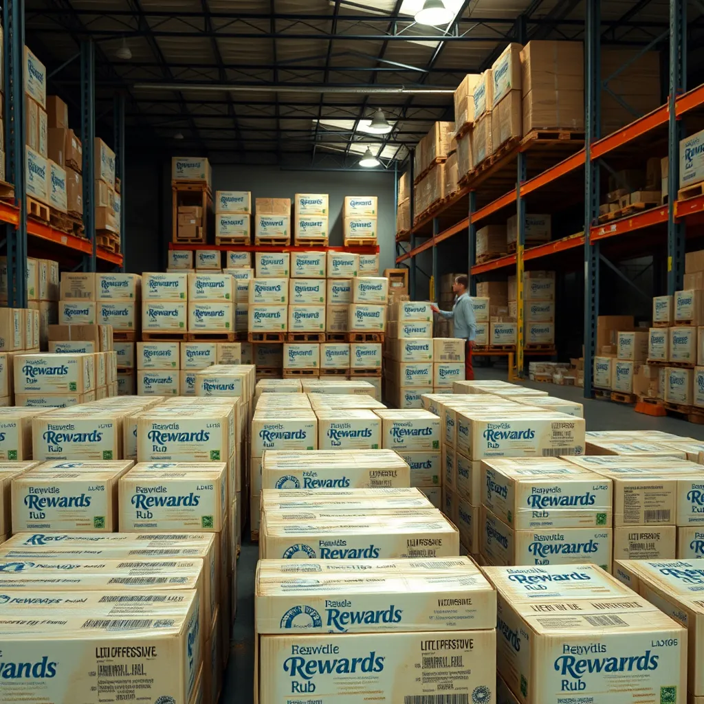 A bustling wholesale warehouse setting, filled with organized, neatly-packed boxes of Rewards Rub, ready for distribution to various locations in the Caribbean.