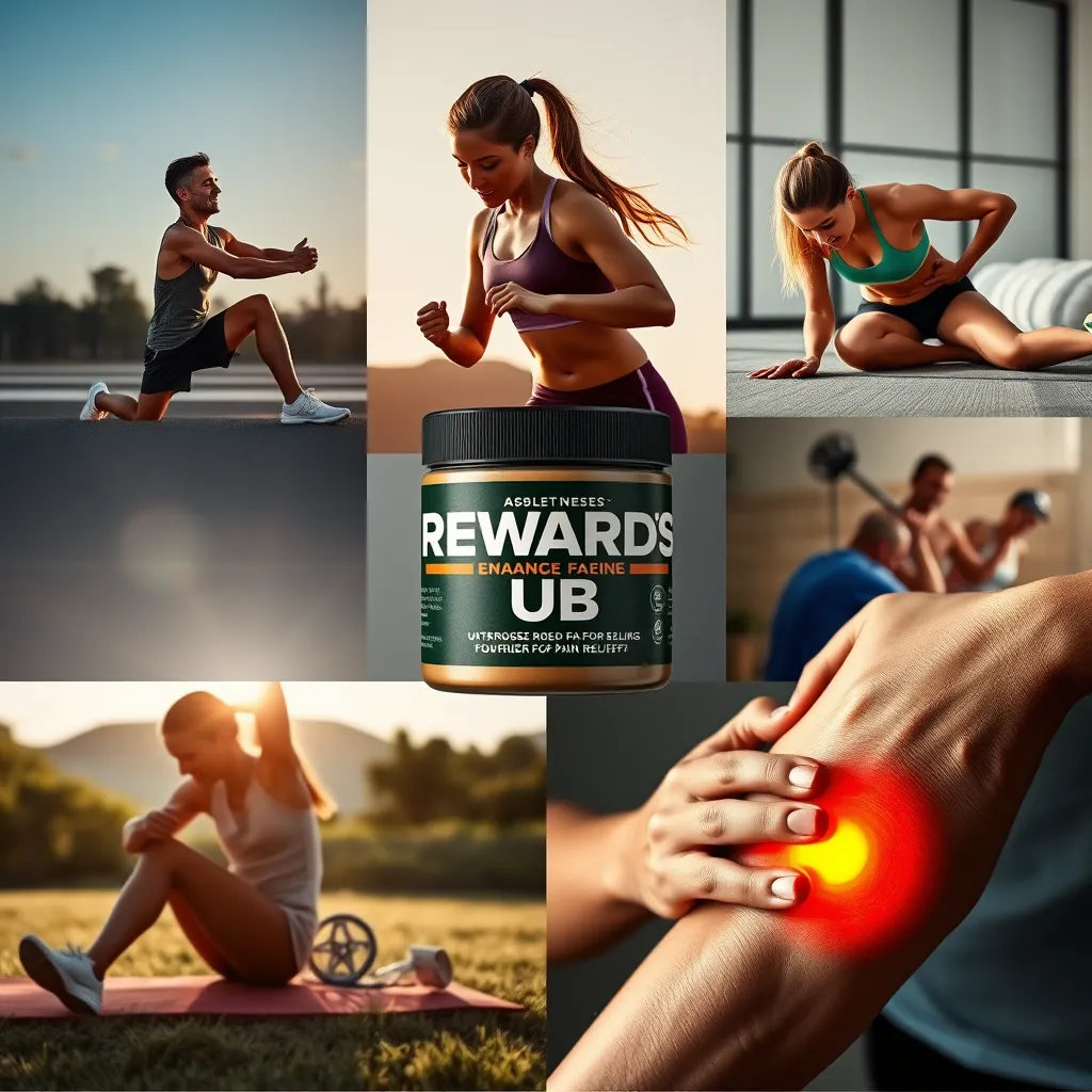 A collage featuring athletic activities, relaxation scenarios, and a person massaging their joint, highlighting the diverse applications of Rewards Rub for pain relief.