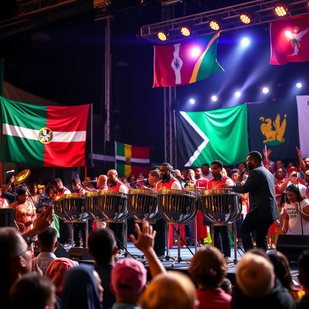 A colorful scene depicting a steel pan band performing on stage, surrounded by an audience from diverse backgrounds, with cultural flags representing Guadeloupe, Dominica, Martinique, and Saint Lucia in the backdrop. Bright lights illuminate the performers, capturing the energy of the festival.