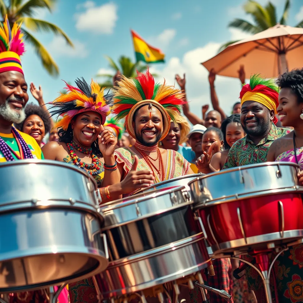 A colorful scene depicting diverse steel pan performers from various Caribbean islands, celebrating their heritage with traditional attire. They are surrounded by enthusiastic community members, showcasing a vibrant culture filled with music, dance, and joyful expressions under a sunny sky.