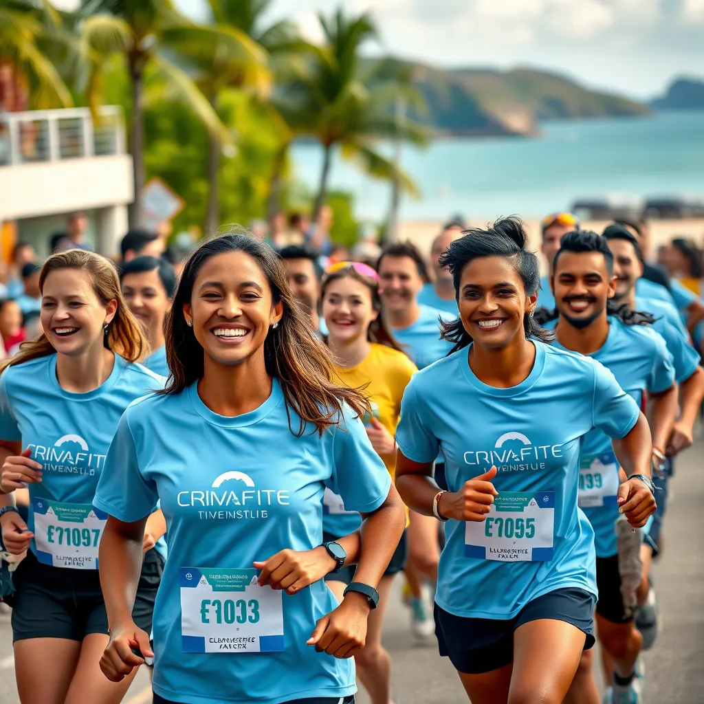 A corporate team of diverse employees, smiling and energetic, participating actively in a relay race. They wear matching branded t-shirts and race bibs, showcasing a supportive and united front. The backdrop features the picturesque Caribbean landscape and cheering crowds.