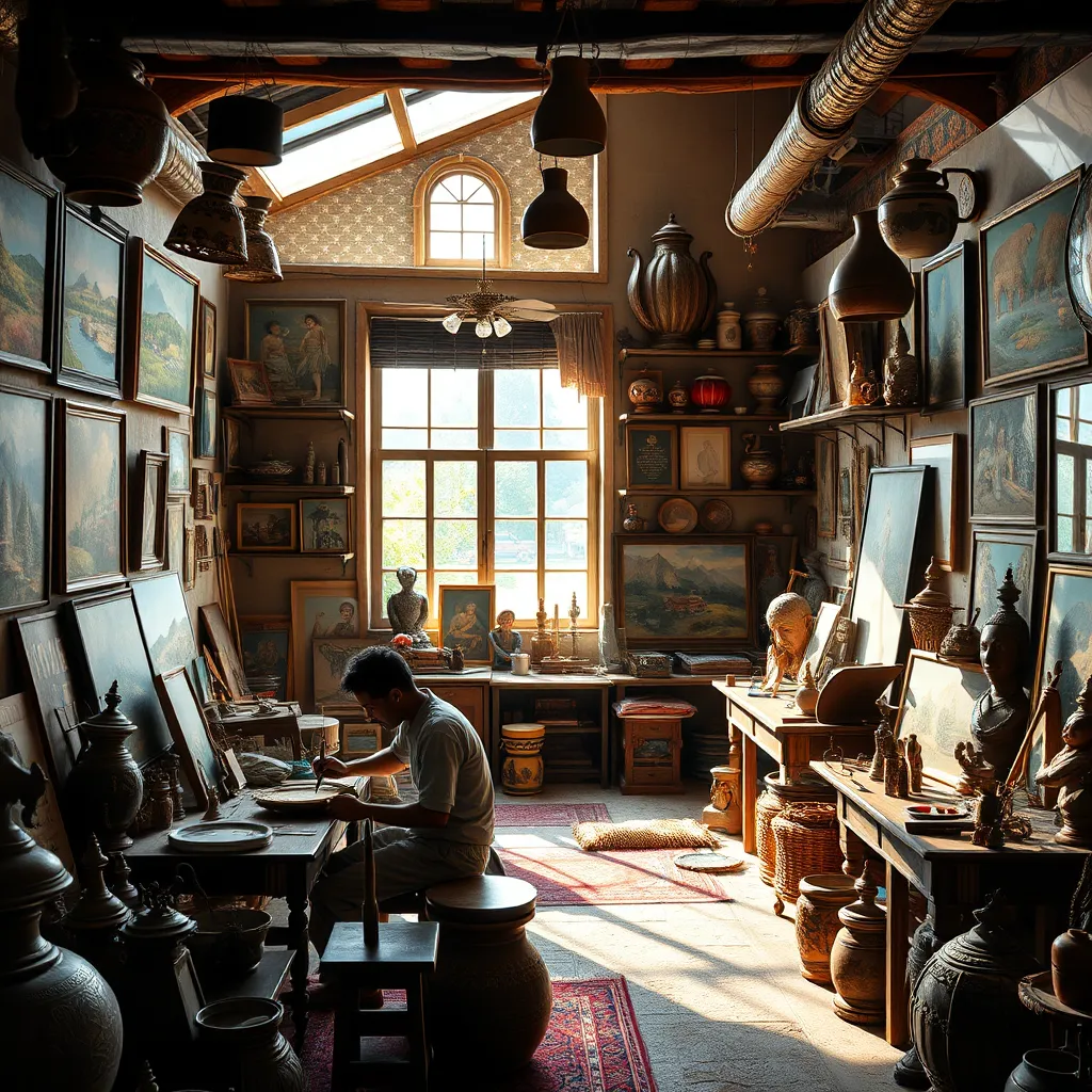 A cozy artist studio filled with local artisans working on their crafts. The room is decorated with paintings, sculptures, and traditional artifacts. Sunny light filters through the windows, highlighting the artists' skills and the vibrant colors of their creations.