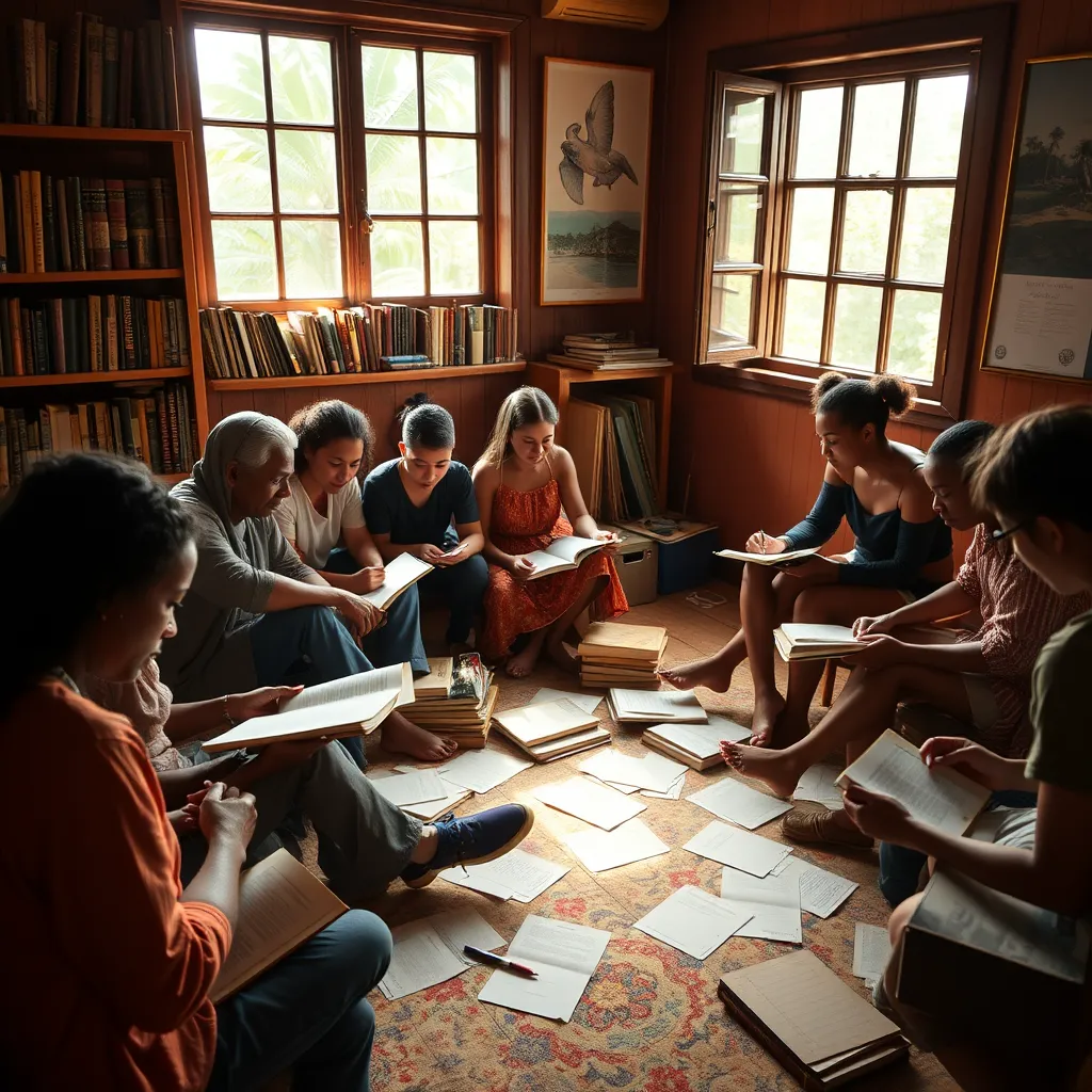 A cozy indoor literary workshop in Guadeloupe, with individuals of various ages discussing and writing stories in a circle. Books and papers are scattered around, and a large window lets in natural light, creating a warm and inspiring environment filled with artistic flair.