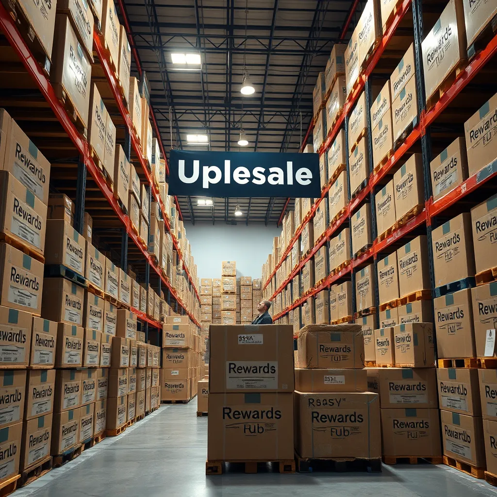 A detailed, photorealistic image of a professional-looking storage warehouse filled with boxes labeled 'Rewards Rub'. Include a warehouse worker scanning the boxes and a visible 'Wholesale' banner. The setting should be clean and organized, showcasing efficiency and scale.