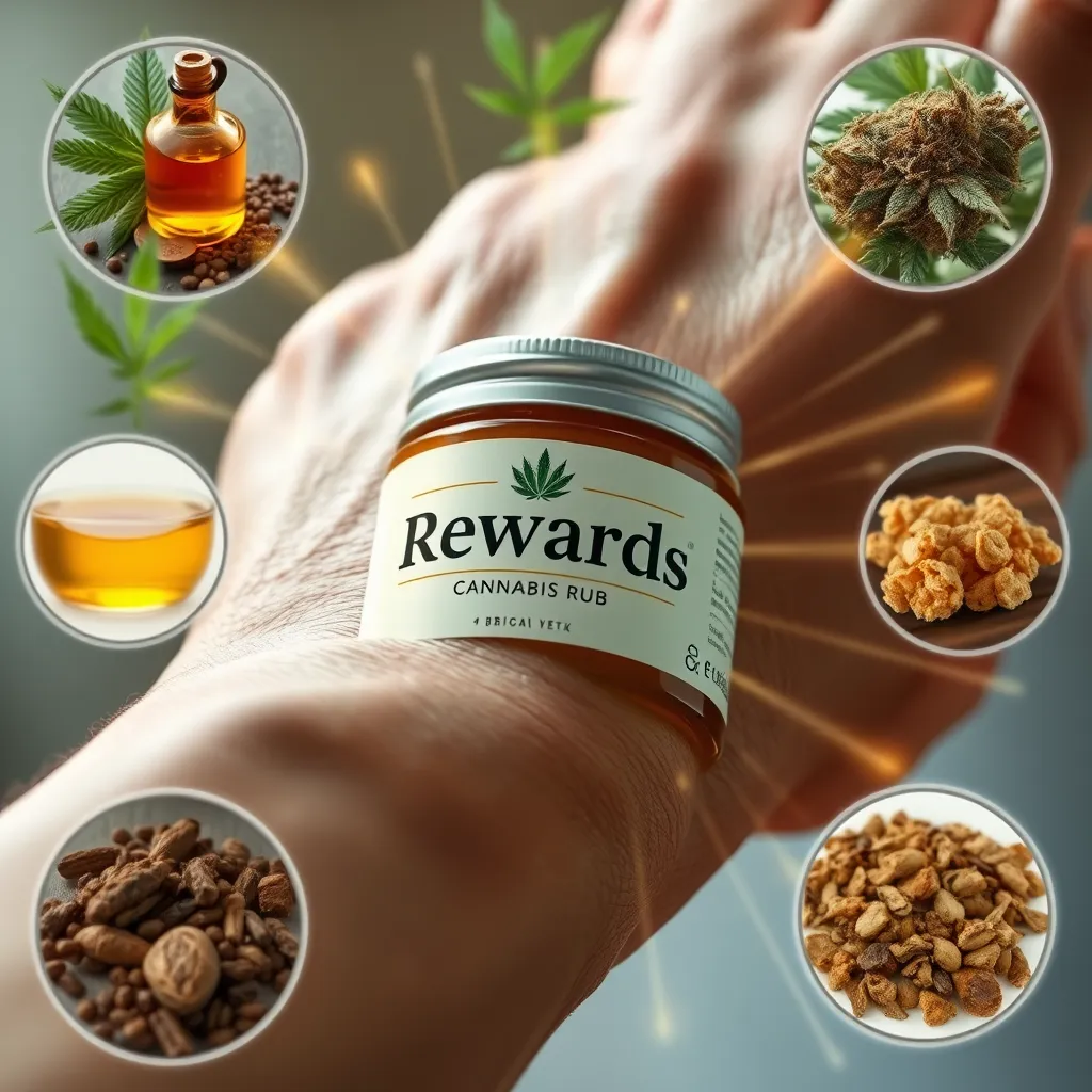 A detailed close-up of a hand applying 'Rewards Rub' to an achy joint, surrounded by images of natural ingredients like cannabis seed oil and medicinal herbs. Emphasize the soothing and healing effect with radiant, glowing overlays around the hand.