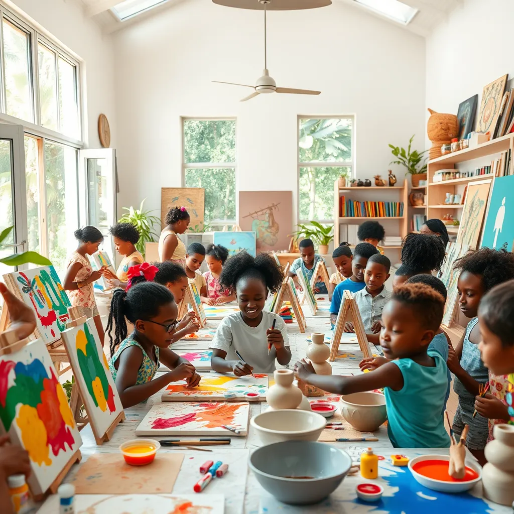 A dynamic art workshop scene at Good Vybz, filled with children and adults engaging in various creative activities like painting and sculpting. The workshop is brightly lit with natural light streaming through large open windows, casting soft shadows across the room. The color palette is vibrant, featuring splashes of color from the art supplies, surrounded by lush greenery visible outside. The perspective captures a wide-angle view, showcasing the enthusiastic expressions on participants' faces, along with their individual artworks displayed around them. Textures of the art supplies like canvases, clay, and paint are captured in detail. Background elements include shelves filled with art books and local crafts, creating an inspiring and creative environment. This hyperrealistic scene has a warm, inviting mood, styled in contemporary Caribbean art photography, rendered in ultra-high quality at 8K resolution.