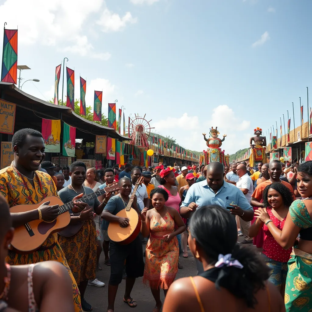A dynamic outdoor festival scene in Guadeloupe, with musicians performing traditional Creole music. Colorful banners and art installations fill the background. The crowd, diverse in age and ethnicity, dances joyously, embracing the cultural heritage and vibrant atmosphere of the festival.