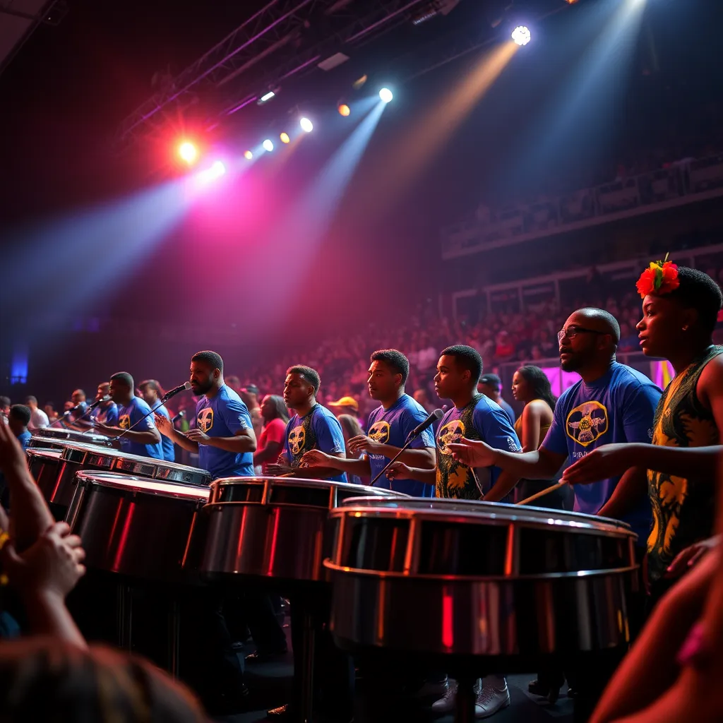 A dynamic scene of the steel pan competition under dramatic side lighting, highlighting performers on stage. Bands from Guadeloupe, Dominica, Martinique, and Saint Lucia passionately play their steel pans, captured in full swing. The color palette features vibrant contrast between bright stage lights and the darkened audience, creating a thrilling atmosphere. Use a low-angle perspective to emphasize the energy of the performers, showcasing their expressions and the movement of their bodies. The steel pans shimmer with reflected light, while the stage is adorned with cultural flags and decorations representing each island. Capture the captivated audience with festive attire, adding excitement and unity. Style references include live concert photography and Caribbean cultural displays. Ensure the image meets 8K resolution, ultra-detailed, focusing on the vibrancy of performance and cultural celebration.