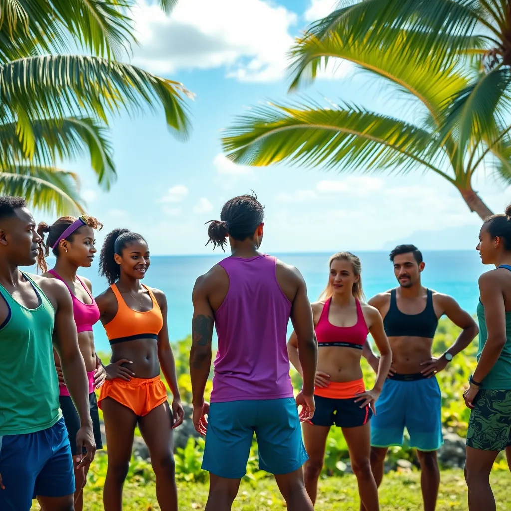 A group of diverse athletes training in a lush tropical environment, with a naturopathic coach discussing nutrition plans with them, vibrant colors of sportswear, dynamic poses, and a sunny backdrop showcasing the Caribbean landscape.