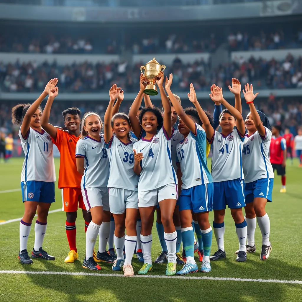 A group of diverse young footballers celebrating a victory together on the field, with trophies in hand and coaches cheering in the background. The scene radiates joy, teamwork, and determination, symbolizing empowerment and success.