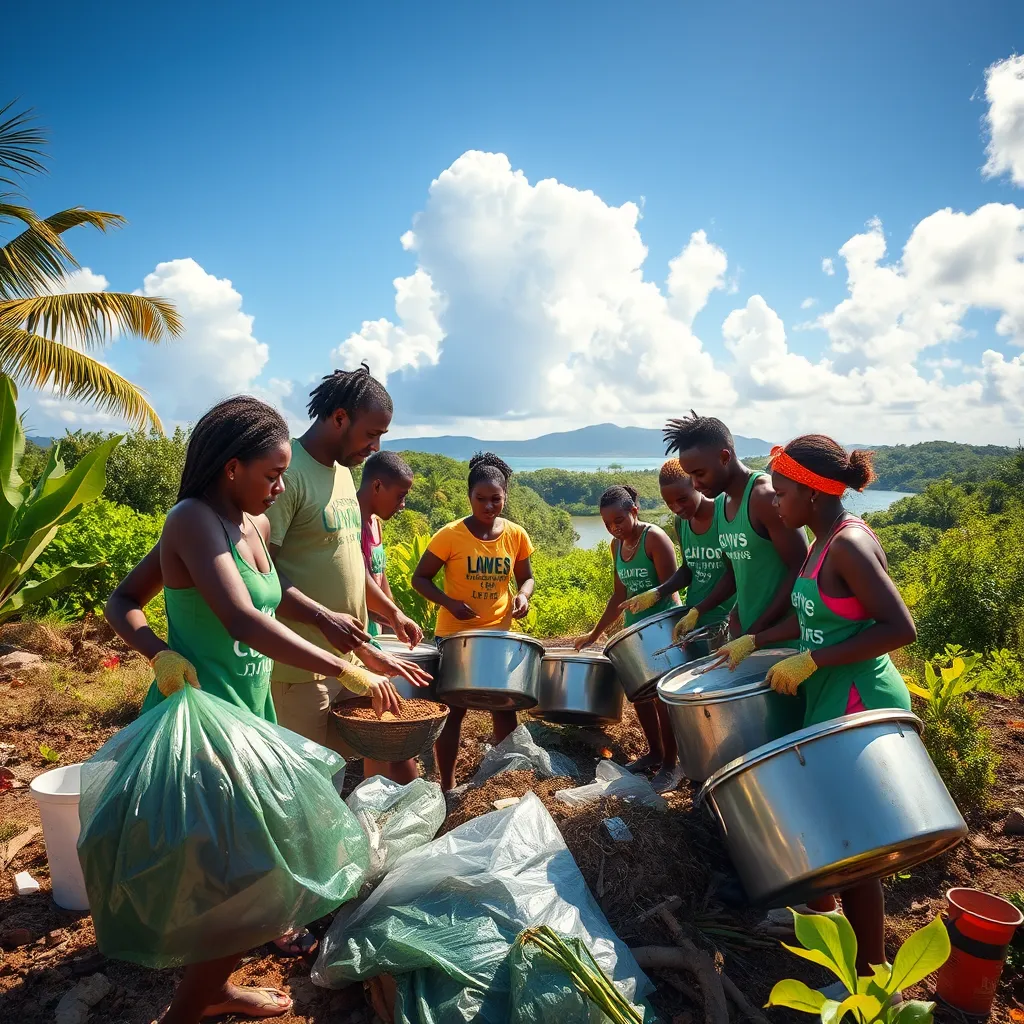 A group of participants engaged in an eco-friendly cleanup in a vibrant Caribbean landscape, with steel pans in the background. The image should portray teamwork, sustainability, and the beauty of the natural environment.