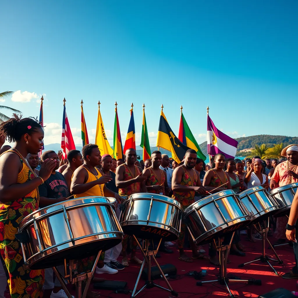 A heartfelt performance of steel pan musicians with a backdrop of flags from Caribbean nations, capturing a moment of unity and pride, with the audience visibly moved and engaged, surrounded by scenic tropical landscapes under a blue sky.