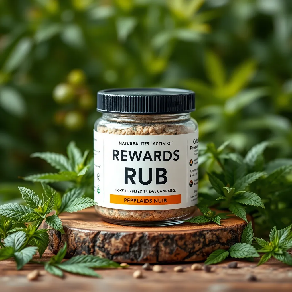 A high-quality, photorealistic image showcasing a jar of Rewards Rub placed on a natural wooden surface. Surround the jar with fresh cannabis leaves, peppermint leaves, and other natural herbs used in the formula. Include a background of soft-focus greenery to emphasize the natural origins.