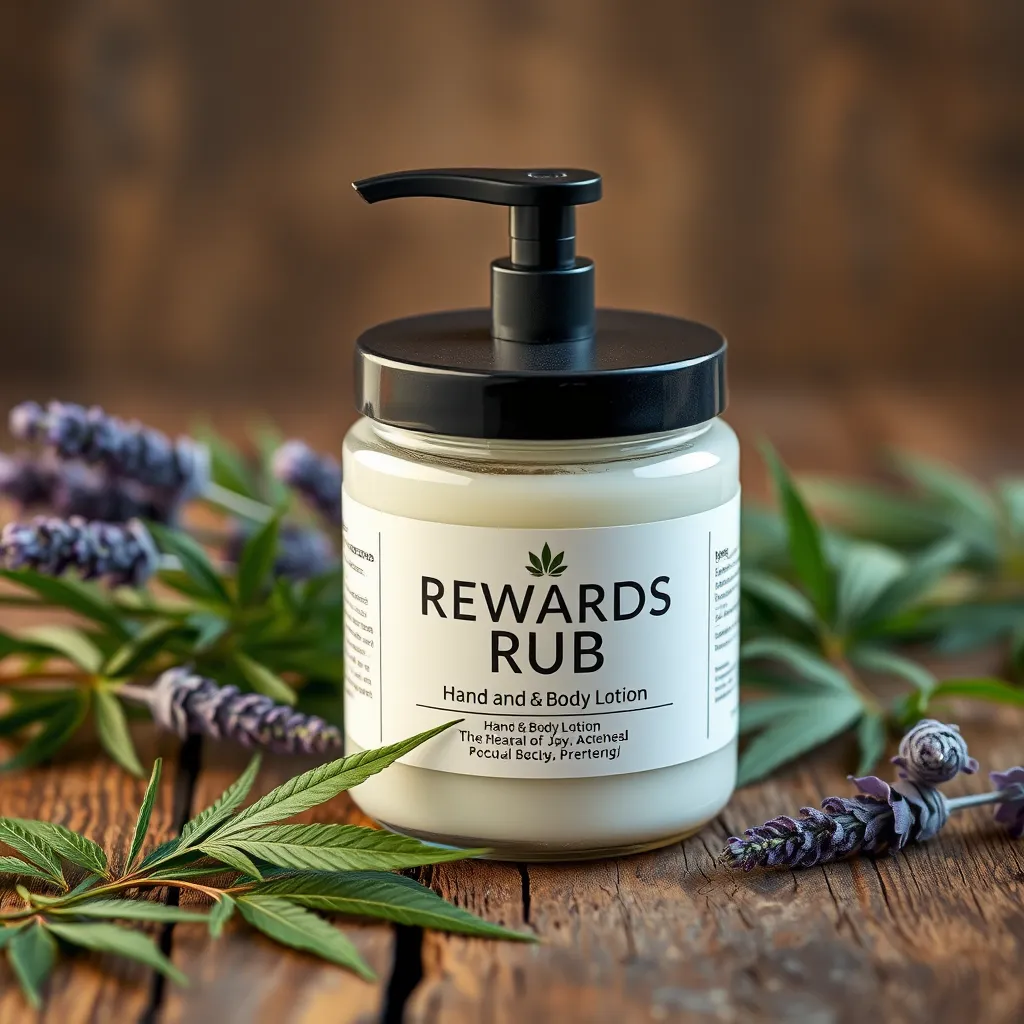 A high-quality photorealistic image of a hand and body lotion jar labeled 'Rewards Rub', placed on a rustic wooden table with green natural elements, like cannabis leaves and lavender flowers surrounding it, to highlight its natural and organic ingredients.